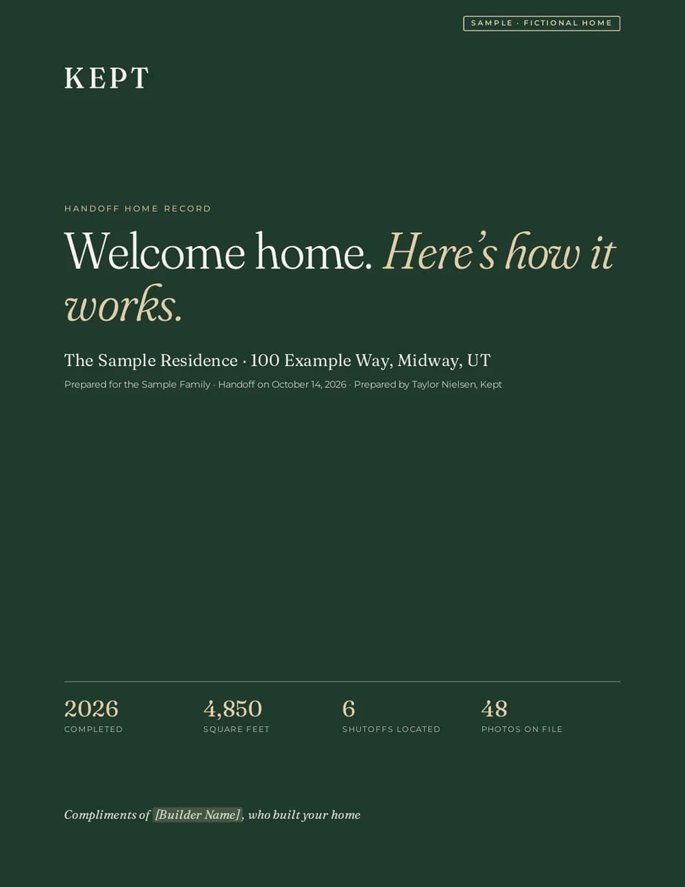 Cover of a sample Handoff Home Record: Welcome home. Here's how it works. Compliments of the builder.